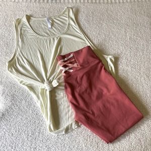 Fabletics Set Rust Powerhold Tights with Feature Back and Lemon Asymmetic Tank L